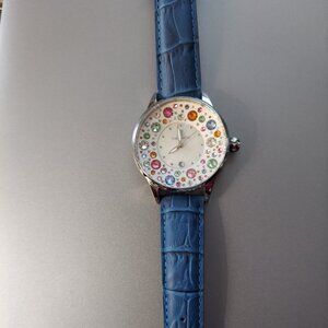 NWOB Capri Watch from Italy, Blue Leather Strap w/ Silver tone Case, Multi Gems